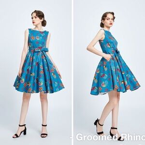 Miss Lulo Ruby Cherry Floral Retro Flare A Line Dress Size XL